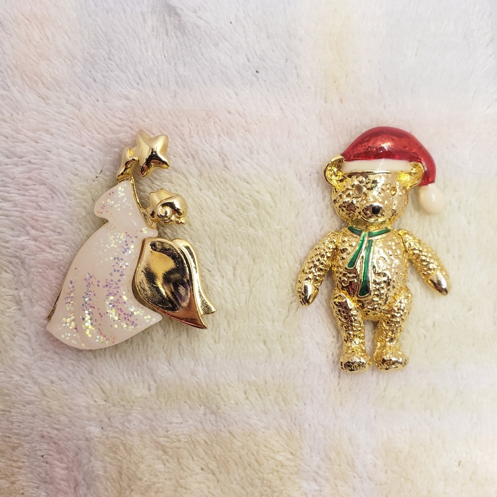 Lot of Two Signed Christmas Costume Jewelry Brooches